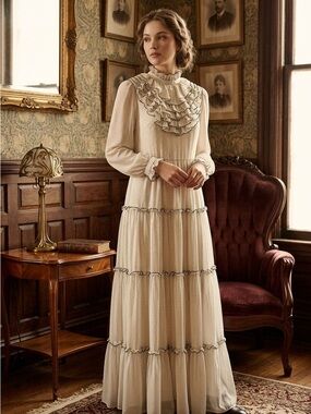 Ivory Ruffle Tiered Maxi Vintage Dress Japan